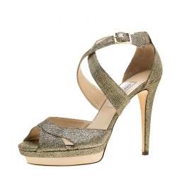 Pre Owned Jimmy Choo Metallic Silver Lamé Glitter Fabric Kuki Platform Sandals Size 41