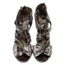 Pre Owned Jimmy Choo Gunmetal Lamé Fabric Ankle Strap Kemble Sandals Size 38