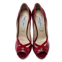 Pre Owned Jimmy Choo Red Embossed Lizard Patent Leather And Suede Trim Peep Toe Platform Pumps Size 40