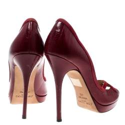 Pre Owned Jimmy Choo Red Embossed Lizard Patent Leather And Suede Trim Peep Toe Platform Pumps Size 40