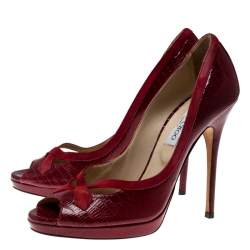 Pre Owned Jimmy Choo Red Embossed Lizard Patent Leather And Suede Trim Peep Toe Platform Pumps Size 40