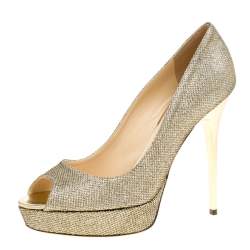 Pre Owned Jimmy Choo Metallic Gold Lamè Glitter Fabric Dahlia Platform Peep Toe Pumps Size 38