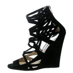 Pre Owned Jimmy Choo Black Suede Laser Cut Cage Wedge Sandals Size 39