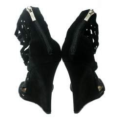 Pre Owned Jimmy Choo Black Suede Laser Cut Cage Wedge Sandals Size 39