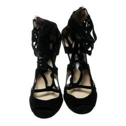 Pre Owned Jimmy Choo Black Suede Laser Cut Cage Wedge Sandals Size 39