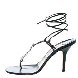 Pre Owned Jimmy Choo Black Leather Crystal Studded Ankle Wrap Thong Sandals Size 40