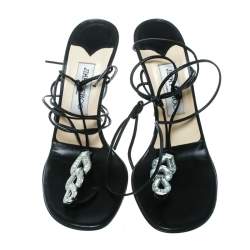 Pre Owned Jimmy Choo Black Leather Crystal Studded Ankle Wrap Thong Sandals Size 40