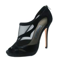 Pre Owned حذاء بوت جيمي تشو مقدمة مفتوحة رخامي سويدي وشبك أسود مقاس 38