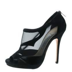 Pre Owned حذاء بوت جيمي تشو مقدمة مفتوحة رخامي سويدي وشبك أسود مقاس 38