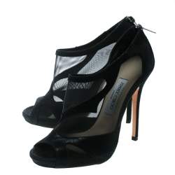 Pre Owned حذاء بوت جيمي تشو مقدمة مفتوحة رخامي سويدي وشبك أسود مقاس 38