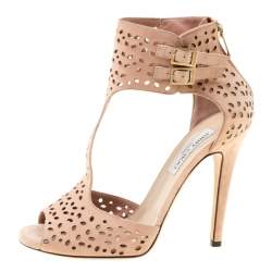 Pre Owned صندل جيمي تشو مقدمة مفتوحة سويدي قصة ليزر وردي فاتح مقاس 39.5