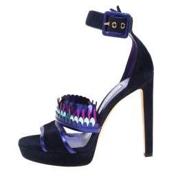 Pre Owned Jimmy Choo Navy Blue Suede Kathleen Peep Toe Ankle Cuff Sandals Size 36