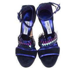 Pre Owned Jimmy Choo Navy Blue Suede Kathleen Peep Toe Ankle Cuff Sandals Size 36