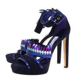 Pre Owned Jimmy Choo Navy Blue Suede Kathleen Peep Toe Ankle Cuff Sandals Size 36