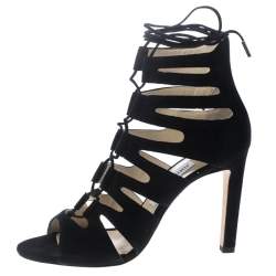 Jimmy Choo Black Suede Hitch Cut Out Caged Sandals Size 40