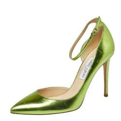Pre Owned Jimmy Choo Metallic Apple Green Leather Rosa Ankle Strap Pointed Toe D'orsay Pumps Size 41