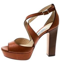 Jimmy Choo Brown Leather April Cross Strap Platform Block Heel Sandals Size 40