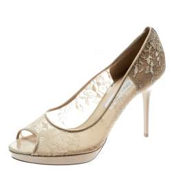 Jimmy Choo Beige Lace Luna Peep Toe Platform Pumps Size 40.5