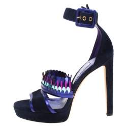 Jimmy Choo Navy Blue Suede Kathleen Peep Toe Ankle Cuff Sandals Size 40
