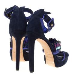 Jimmy Choo Navy Blue Suede Kathleen Peep Toe Ankle Cuff Sandals Size 40