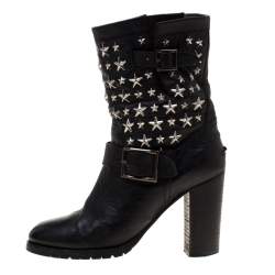 Pre Owned Jimmy Choo Black Star Studded Leather Dart Buckle Detail Block Heel Ankle Boots Size 38