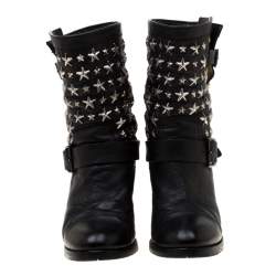 Pre Owned Jimmy Choo Black Star Studded Leather Dart Buckle Detail Block Heel Ankle Boots Size 38