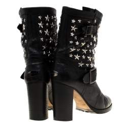 Pre Owned Jimmy Choo Black Star Studded Leather Dart Buckle Detail Block Heel Ankle Boots Size 38