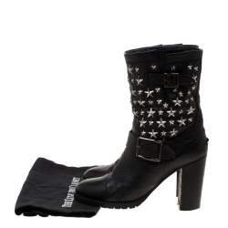 Pre Owned Jimmy Choo Black Star Studded Leather Dart Buckle Detail Block Heel Ankle Boots Size 38