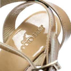Pre Owned Jimmy Choo Beige Patent Leather Papyrus Cork Wedge Ankle Strap Sandals Size 38