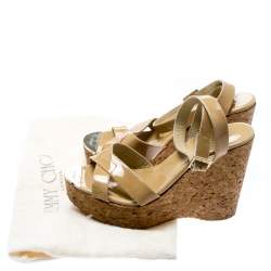 Pre Owned Jimmy Choo Beige Patent Leather Papyrus Cork Wedge Ankle Strap Sandals Size 38