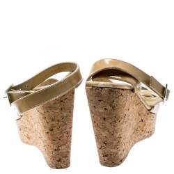 Pre Owned Jimmy Choo Beige Patent Leather Papyrus Cork Wedge Ankle Strap Sandals Size 38