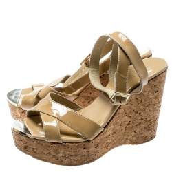 Pre Owned Jimmy Choo Beige Patent Leather Papyrus Cork Wedge Ankle Strap Sandals Size 38