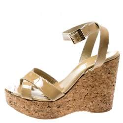 Pre Owned Jimmy Choo Beige Patent Leather Papyrus Cork Wedge Ankle Strap Sandals Size 38