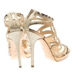 Pre Owned Jimmy Choo Coarse Glitter Leather And Calf Hair Trim Mercury Cage Open Toe Sandals Size 38