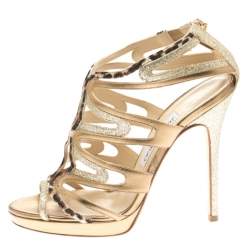 Pre Owned Jimmy Choo Coarse Glitter Leather And Calf Hair Trim Mercury Cage Open Toe Sandals Size 38