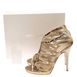 Pre Owned Jimmy Choo Coarse Glitter Leather And Calf Hair Trim Mercury Cage Open Toe Sandals Size 38