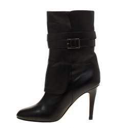 Pre Owned Jimmy Choo Black Leather Blaine Buckle Detail Mid Calf Boots 39.5