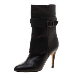 Pre Owned Jimmy Choo Black Leather Blaine Buckle Detail Mid Calf Boots 39.5