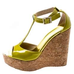 Pre Owned Jimmy Choo Lime Green Patent Leather Pania Cork Wedge T Strap Sandals Size 38