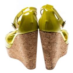 Pre Owned Jimmy Choo Lime Green Patent Leather Pania Cork Wedge T Strap Sandals Size 38