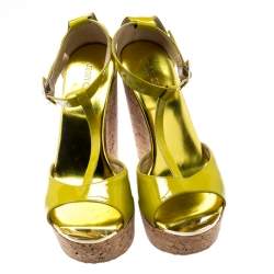 Pre Owned Jimmy Choo Lime Green Patent Leather Pania Cork Wedge T Strap Sandals Size 38