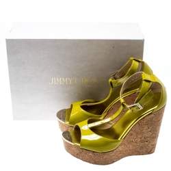 Pre Owned Jimmy Choo Lime Green Patent Leather Pania Cork Wedge T Strap Sandals Size 38