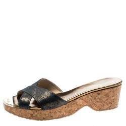 Pre Owned Jimmy Choo Metallic Blue Leather Panna Cork Slides Size 38.5