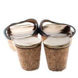 Pre Owned Jimmy Choo Metallic Blue Leather Panna Cork Slides Size 38.5
