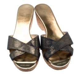 Pre Owned Jimmy Choo Metallic Blue Leather Panna Cork Slides Size 38.5