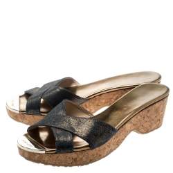 Pre Owned Jimmy Choo Metallic Blue Leather Panna Cork Slides Size 38.5