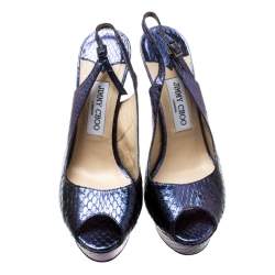 مملوكة مسبقًا Jimmy Choo Metallic Purple Python Vita Peep Toe Platform Slingback Sandals Size 39