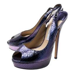 مملوكة مسبقًا Jimmy Choo Metallic Purple Python Vita Peep Toe Platform Slingback Sandals Size 39