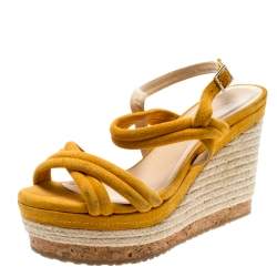 Pre Owned Jimmy Choo Orange Suede Nomad Strappy Espadrilles Wedge Sandals Size 37.5