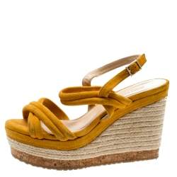 Pre Owned Jimmy Choo Orange Suede Nomad Strappy Espadrilles Wedge Sandals Size 37.5